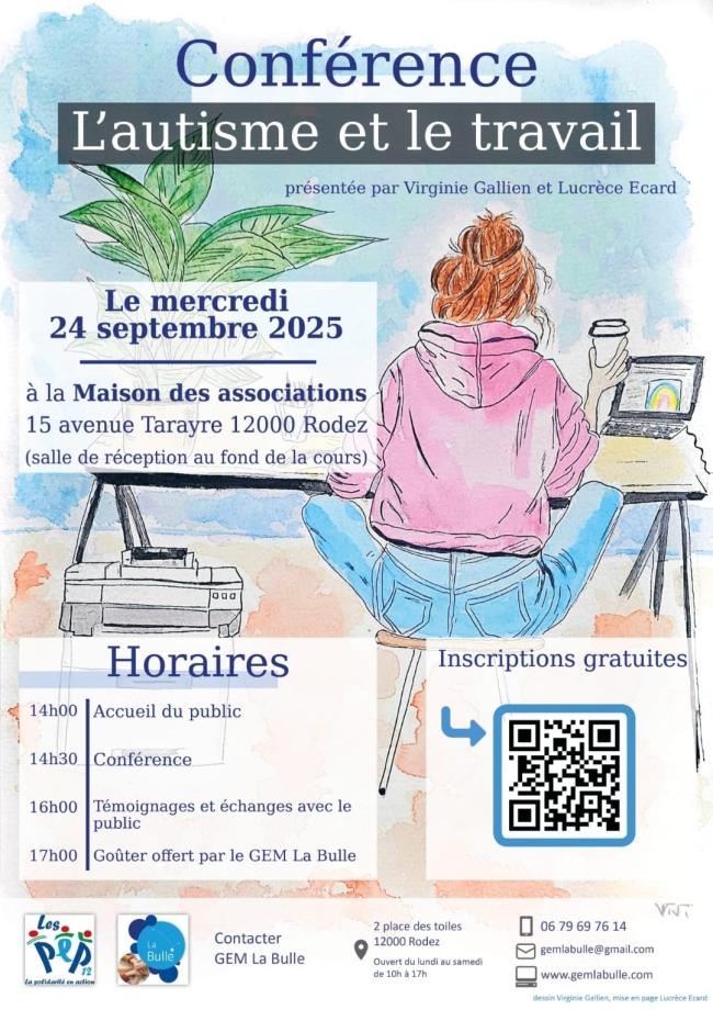 Dessin d'une femme de dos qui  travaille sur son ordinateur, semble t-il, depuis chez soi.