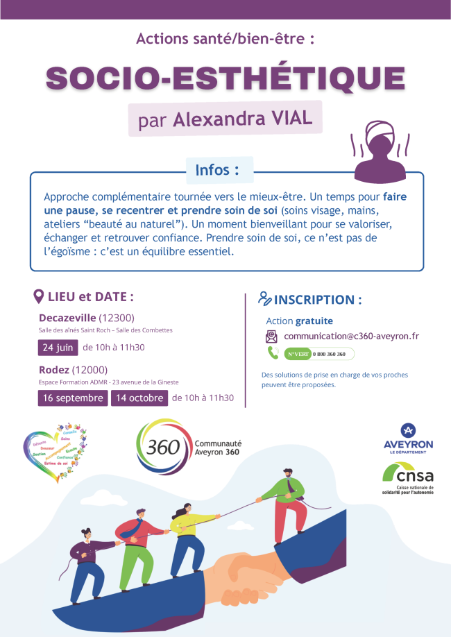 Actions santé/bien-être SOCIO-ESTHÉTIQUE par Alexandra VIAL. Infos : Approche complémentaire tournée vers le mieux-être. Un temps pour faire une pause, se recentrer et prendre soin de soi (soins visage, mains, ateliers “beauté au naturel”). Un moment bienveillant pour se valoriser, échanger et retrouver confiance. Prendre soin de soi, ce n’est pas de l’égoïsme : c’est un équilibre essentiel.